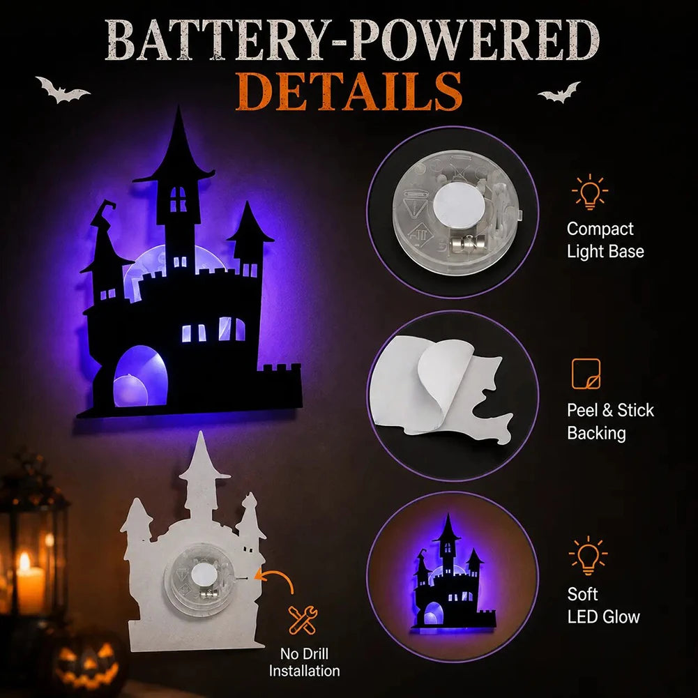 8pcs Halloween LED-Silhouette Wall Light Stickers Glow-In-The-Dark Bats Spiders Wall Decor Spookys Pumpkins Spiders Tree Decor