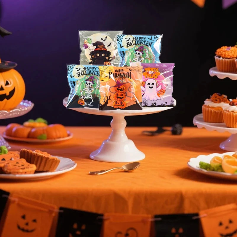 50/100Pcs Spooky Halloween Candy Bags Pumpkin Ghost Gift Cookie Self-Sealing Bags Halloween Party Decor Trick or Treat