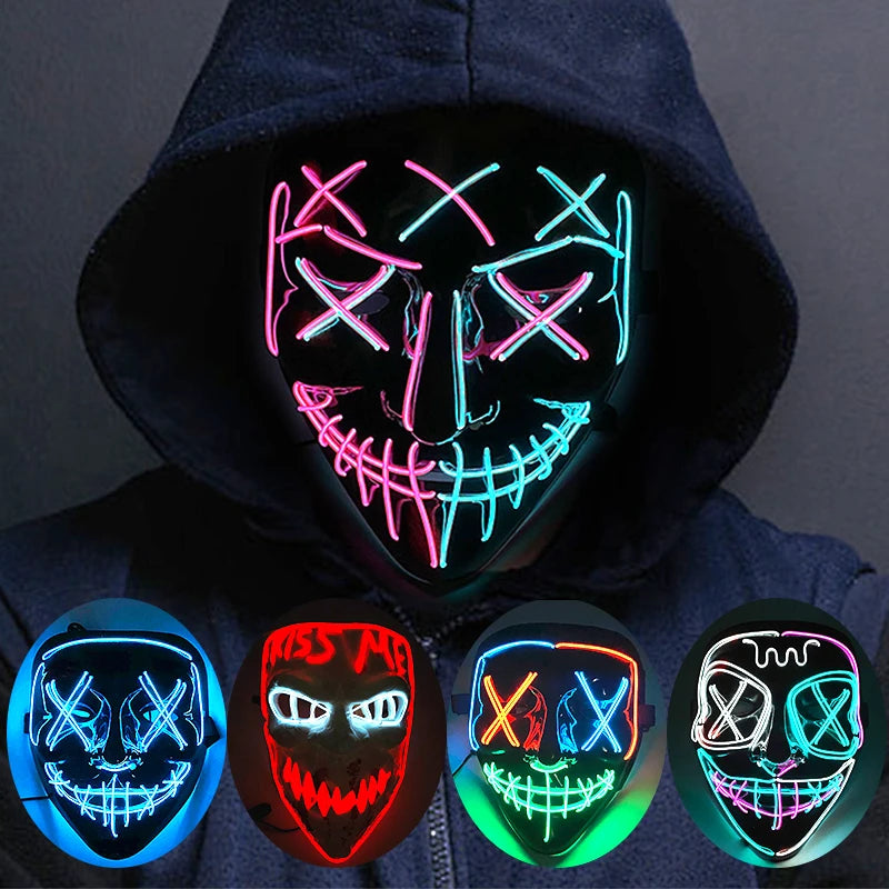 Wireless Neon LED Purge Mask Glow in The Dark Cosplay Horror Mask Halloween Masquerade Party Masks Glowing Funny Dress Up