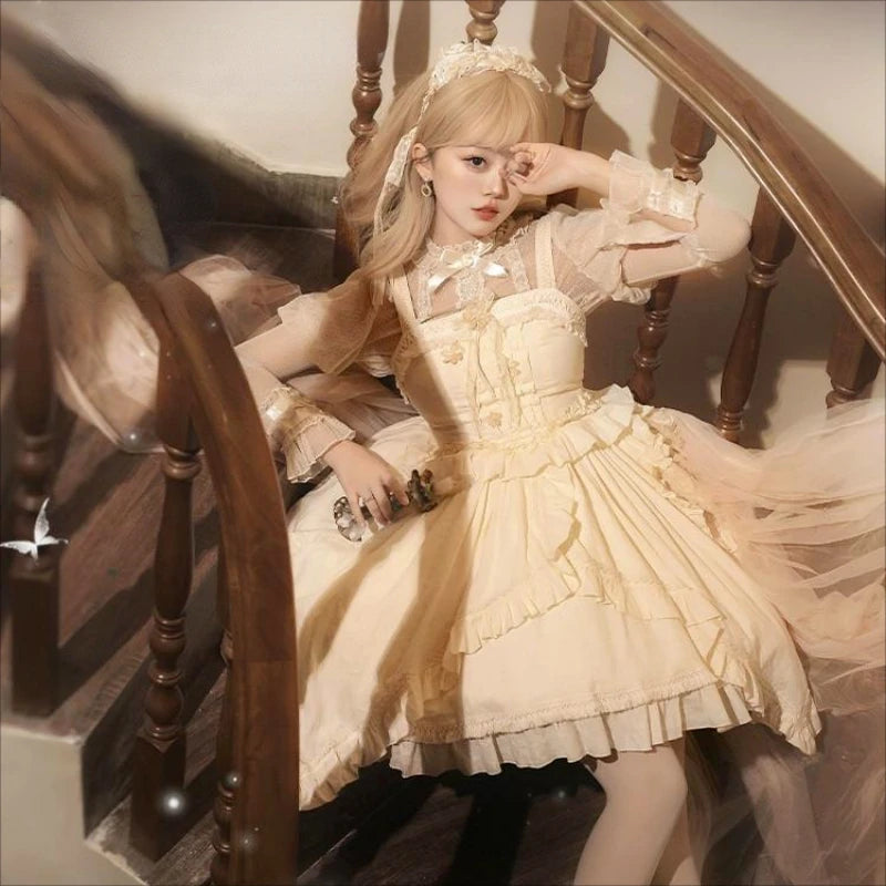 Japanese Victorian Retro Lolita Blouses Women Sweet Bow Roffles Lace Mesh Long Sleeved Shirts Girls Kawaii Loose Jsk Inside Tops