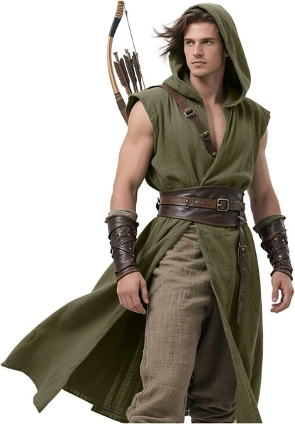 Men's Medieval Hooded Surcoat Renaissance Tabard Sleeveless Tunic Cloak Viking Costume Holloween Assassin Cosplay