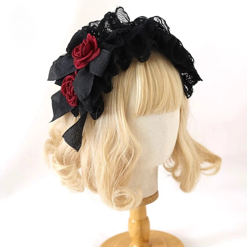 Original Black and Red Lace Lolita Headgear Doll Feeling Bow Headband KC Goth Lo Girl Halloween Hair Accessories