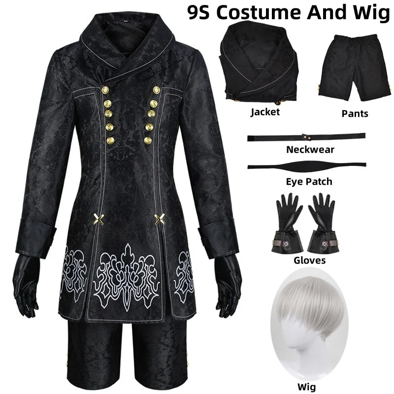 Anime Nier Automata Cosplay 9S Yorha 2B Cosplay Suit Male Women Outfit Wig Disguise Costume Plus Size Fancy Party Black Dress