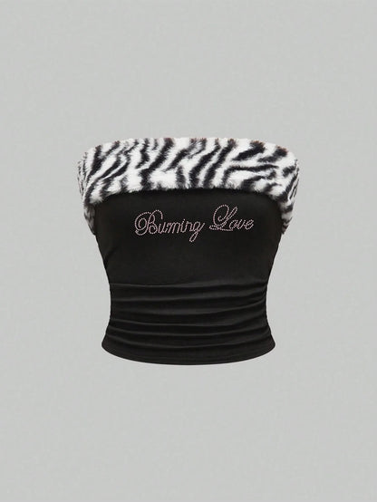Gothic Streetwear Hip-Hop Style Off Shoulder Velvet Sexy Corset Crop Rhinestone Letter Print Leopard Patchwork Strapless Top Y2k