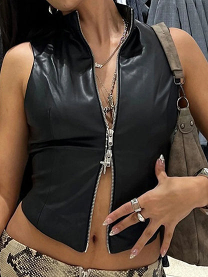Sexy Black Zipper Leather Crop Top Women Clothing Summer Body PU Tank Tops Woman Vintage Gothic Clothes Streetwear Top Outfit