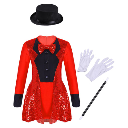 Teen Magician Costume Set Long Sleeve Bow Tie Sequin Leotard + Hat Magic Wand Gloves for Halloween Cosplay Dress Up Performance