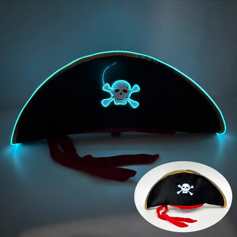 Halloween LED Black Pirate Hat For Adult Pirate Theme Party Glowing Captain Cap Cosplay Costume Luminous Hat With Skull Pattern