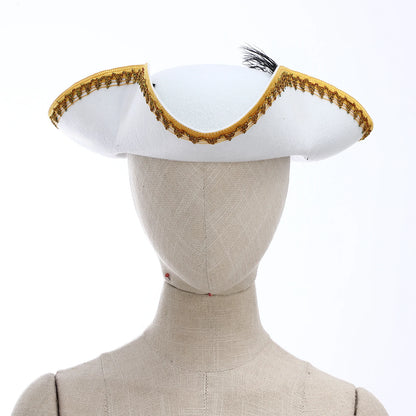 Men Women Unique Tricorn Hat Pirate Cap Metallic Brim Embellish Felt Hat for Masquerade Halloween Cosplay Colonial Costume Hat