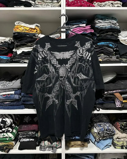 Retro Blue Gothic Pattern Printed Hip Hop Street Fashion Y2K Plus Size T shirt Round Neck Short Sleeve Women Couple Couple Top