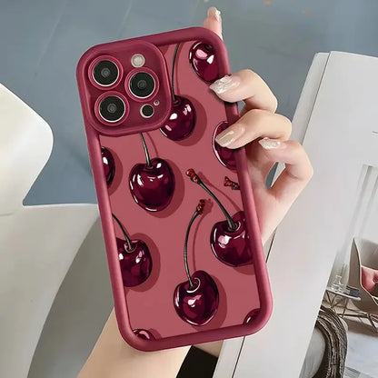 Luxury Wine Red Cherry Print Case for iPhone 18 Pro Max 17 16 15 14 13 12 11 7 8 Plus Air 16e X XR XS Shockproof Silicone Cover