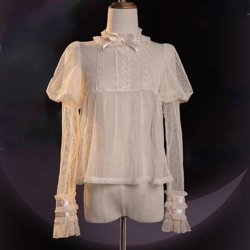 Japanese Victorian Retro Lolita Blouses Women Sweet Bow Roffles Lace Mesh Long Sleeved Shirts Girls Kawaii Loose Jsk Inside Tops