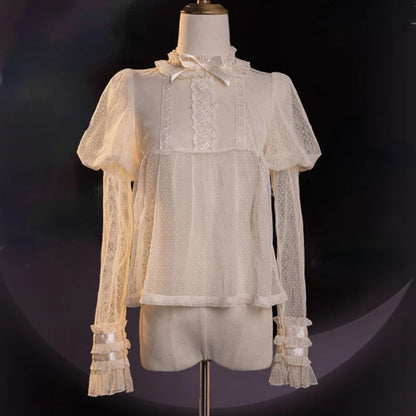 Japanese Victorian Retro Lolita Blouses Women Sweet Bow Roffles Lace Mesh Long Sleeved Shirts Girls Kawaii Loose Jsk Inside Tops