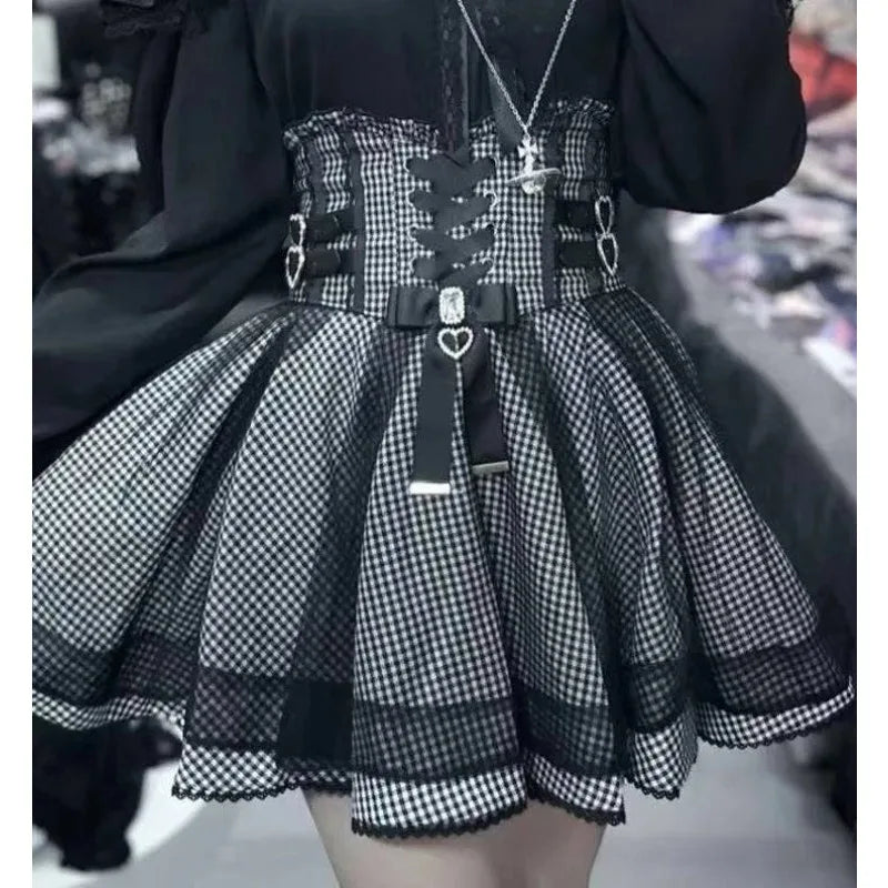 Japanese Sweet Lolita Style Mini Skirt Women Elegant Lace Bandage Party Cake Skirts Female Gothic Y2k Metal Buckle Skirt