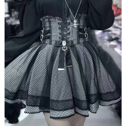 Japanese Sweet Lolita Style Mini Skirt Women Elegant Lace Bandage Party Cake Skirts Female Gothic Y2k Metal Buckle Skirt