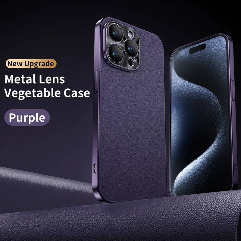 New Luxury Plating Border Solid Color Leather Shockproof Phone Case For iPhone 16 Pro Max 14 12 13 15 Pro Max Bumper Back Cover