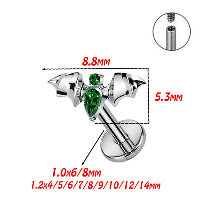 PUTITUP F136 Titanium Halloween Bat Earrings Vampire Style Inlaid Zirconia Gothic Ear Bone Lip Stud Body Piercing Jewellery
