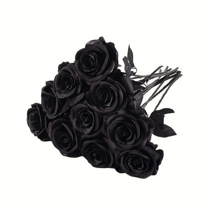 10pcs Artificial Black Roses Fake Flowers, Long Stem, with No Container, for Halloween, Home Decor, Wedding Party, Tabletop