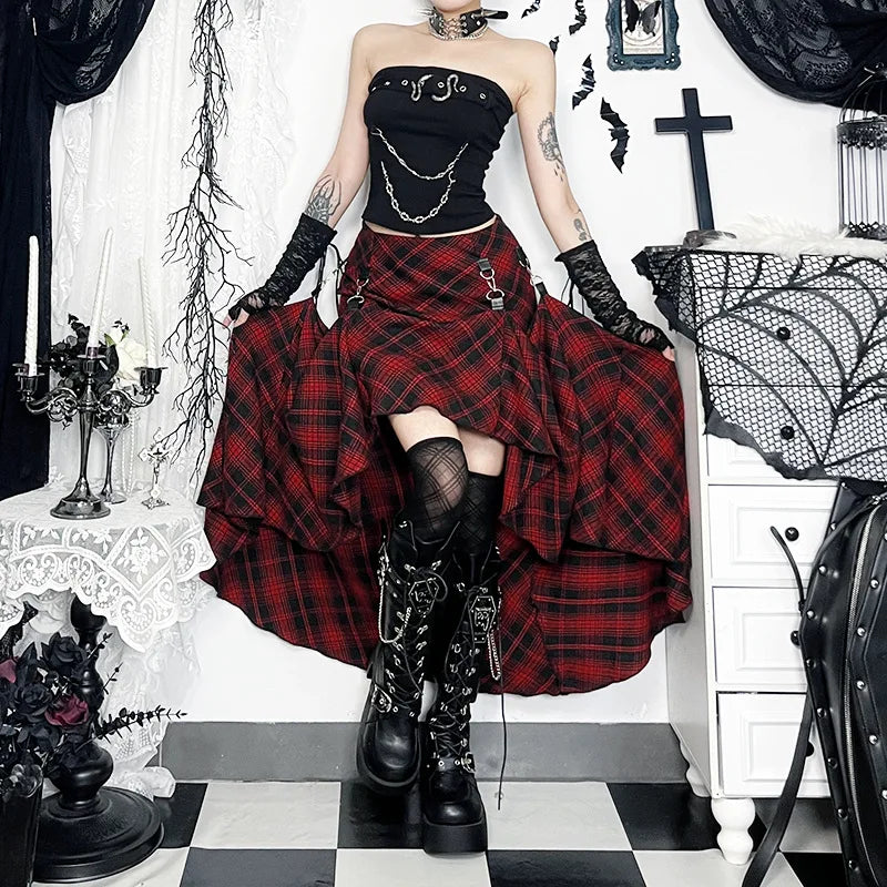 Goth Dark 90s Grunge Chic Adjustable Multi Wear Skirts Cyber Y2K Lattice Metal Buckle Loose Skirt Women Mall Gothic Streetwear