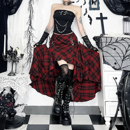 Goth Dark 90s Grunge Chic Adjustable Multi Wear Skirts Cyber Y2K Lattice Metal Buckle Loose Skirt Women Mall Gothic Streetwear