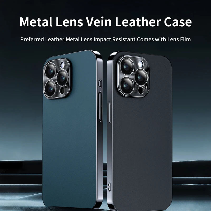 New Luxury Plating Border Solid Color Leather Shockproof Phone Case For iPhone 16 Pro Max 14 12 13 15 Pro Max Bumper Back Cover