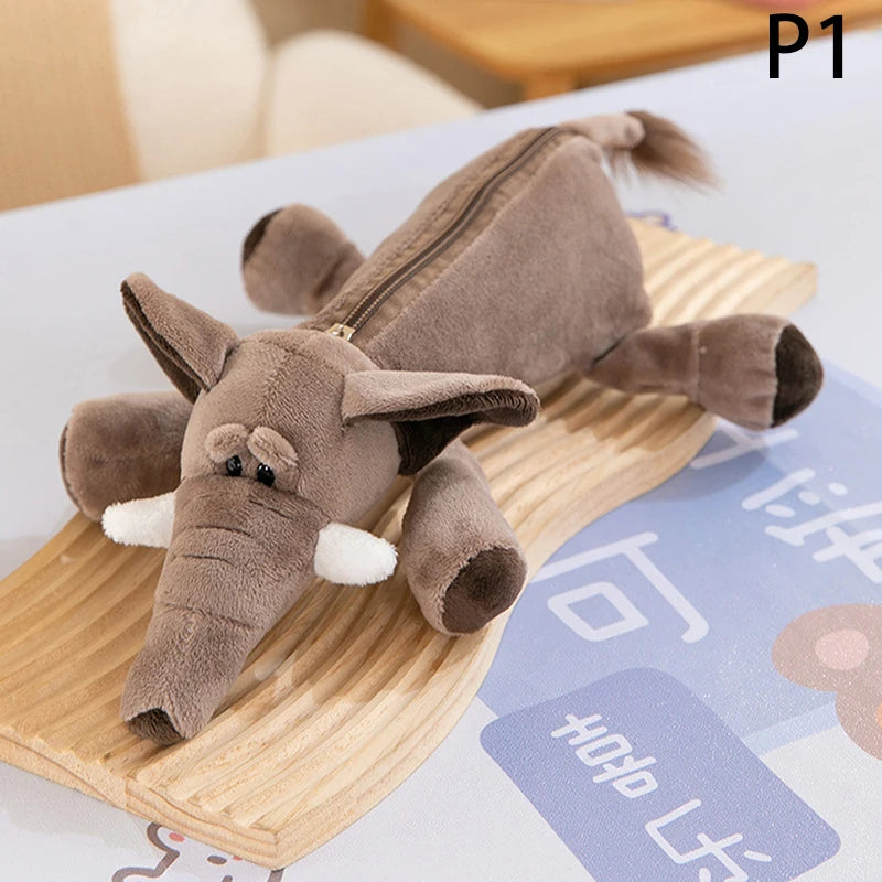 Cartoon Animal Elephant Lion Plush Pen Case For Kid School Season Large Capacity Supplies Stationery Storage Bag For Kid Gift