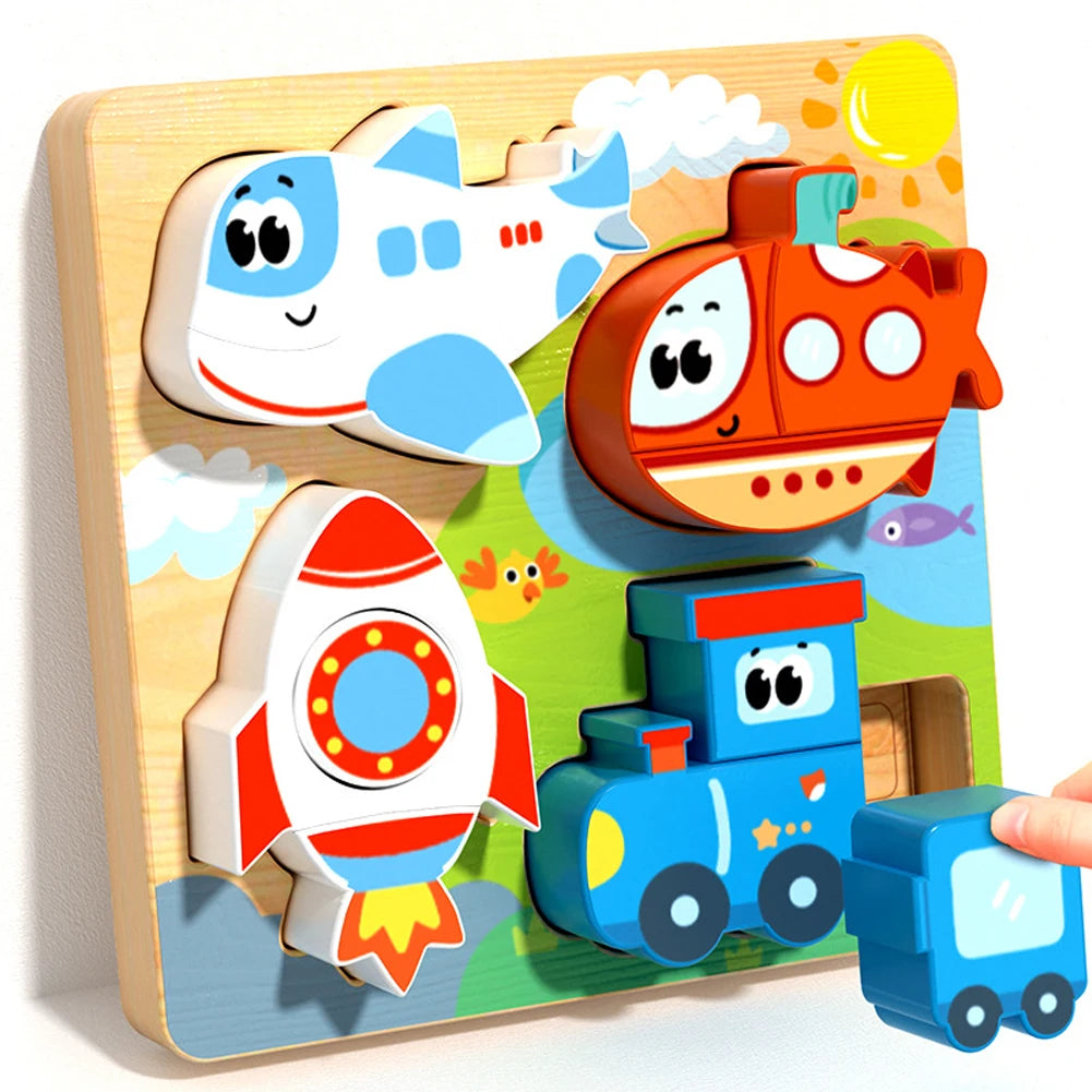 Montessori Wooden 3D Puzzle for Toddlers Animal & Vehicle Shape Matching Blocks Educational Sensory Learning Toy Kids 1-3 Years