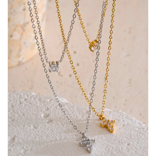Yhpup High Quality Double-Layer Chain Zirconia Cross Pendant Delicate Necklace Stainless Steel Temperament Fashion Gift Jewelry