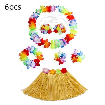 Hawaiian Dance Child Skirt with Leis Costume, Elastic Luau Grass, Hawaiian Flower Bracelets, Headband, Necklace, 40cm, 5pcs 6Pcs