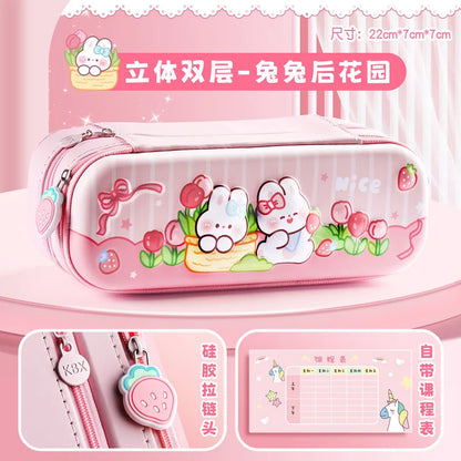 3D Astronaut Pencil Case Boys Stationery New Popular Student Double-layer Large Capacity Waterproof Pink Rabbit