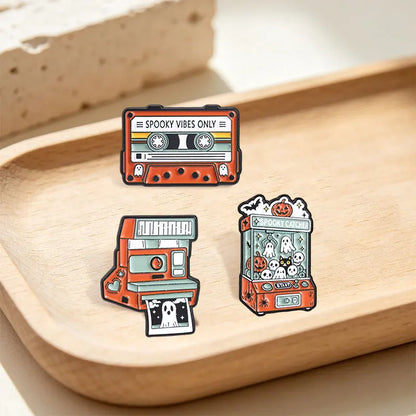 Retro Ghost Claw Machine Enamel Pin Vintage Cassette Camera Spooky Vibes Only Halloween Brooches Lapel Badge Jewelry Gifts