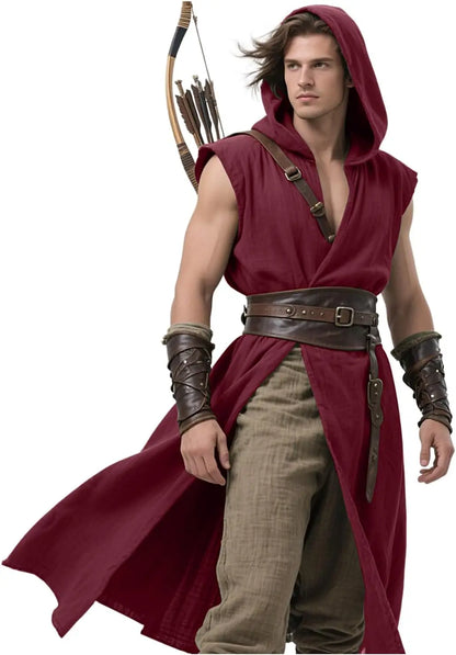 Men's Medieval Hooded Surcoat Renaissance Tabard Sleeveless Tunic Cloak Viking Costume Holloween Assassin Cosplay