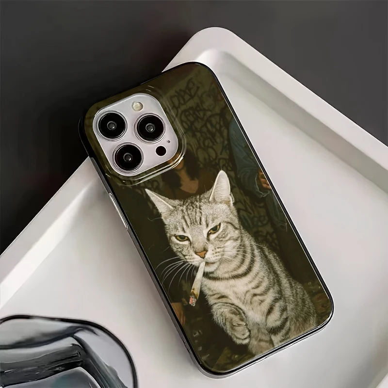 Fashion Kitten Smoking Pattern Phone Case For iPhone 11 12 13 14 15 16 17 18 Pro Max 16E 17Air X XR XS Max 7 8 Plus Soft Cover