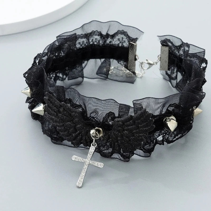 Y2K Women Sequins Wings Cross Spike Charms Adjustable Chain Necklaces Goth Vintage Accessories Halloween Cosplay Party Jewelry