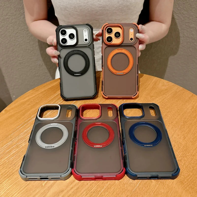 Skin feel matte semi transparent magnetic 360 ° bracket phone case for iPhone 18 17 16 15 14 13 Pro Max airbag anti drop cover