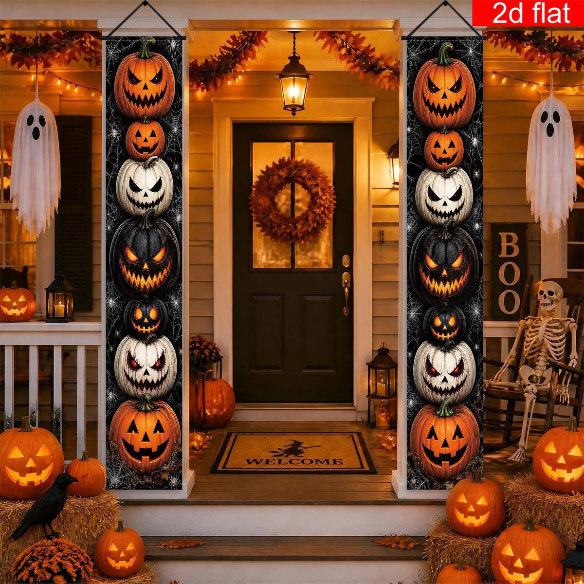 Halloween Porch Vertical Banner Set Scary Jack O Lantern Pumpkin Spider Web Hanging Sign for Outdoor Halloween Party Decor