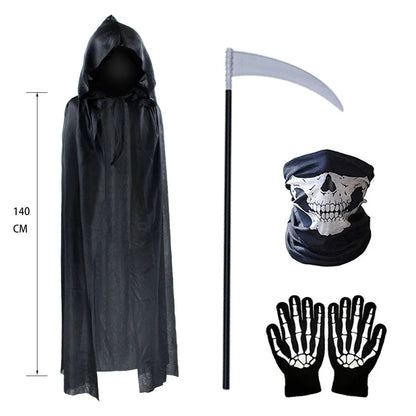Terror Stitch Halloween Party Cosplay Children Adult Death Black Cloak, Halloween Death Skull Skeleton Ball Costume Prop Set