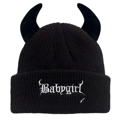 New Unisex Knitted Beanie With Devil Horns Halloween Distressed Skull Cap Hip Hop Winter Warm Yarn Hat For Men Women