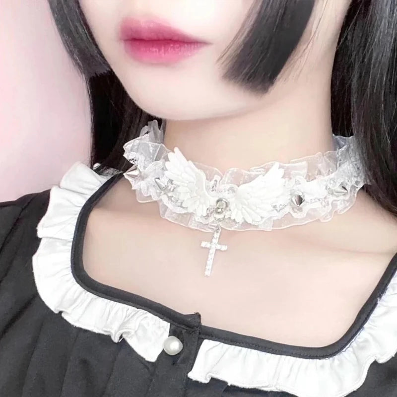 Y2K Women Sequins Wings Cross Spike Charms Adjustable Chain Necklaces Goth Vintage Accessories Halloween Cosplay Party Jewelry