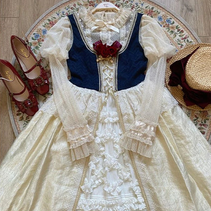 Japanese Victorian Retro Lolita Blouses Women Sweet Bow Roffles Lace Mesh Long Sleeved Shirts Girls Kawaii Loose Jsk Inside Tops