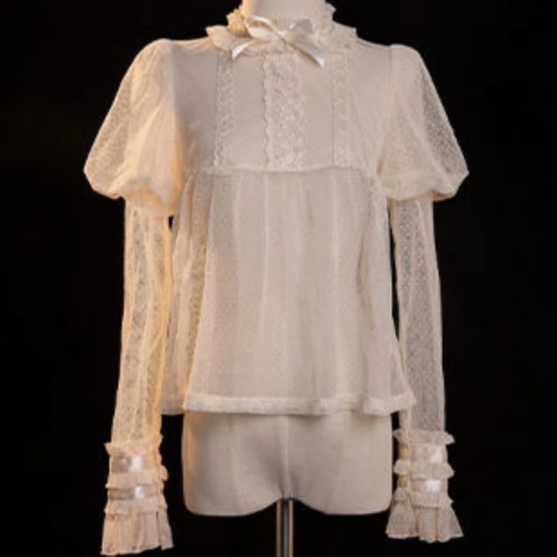 Japanese Victorian Retro Lolita Blouses Women Sweet Bow Roffles Lace Mesh Long Sleeved Shirts Girls Kawaii Loose Jsk Inside Tops