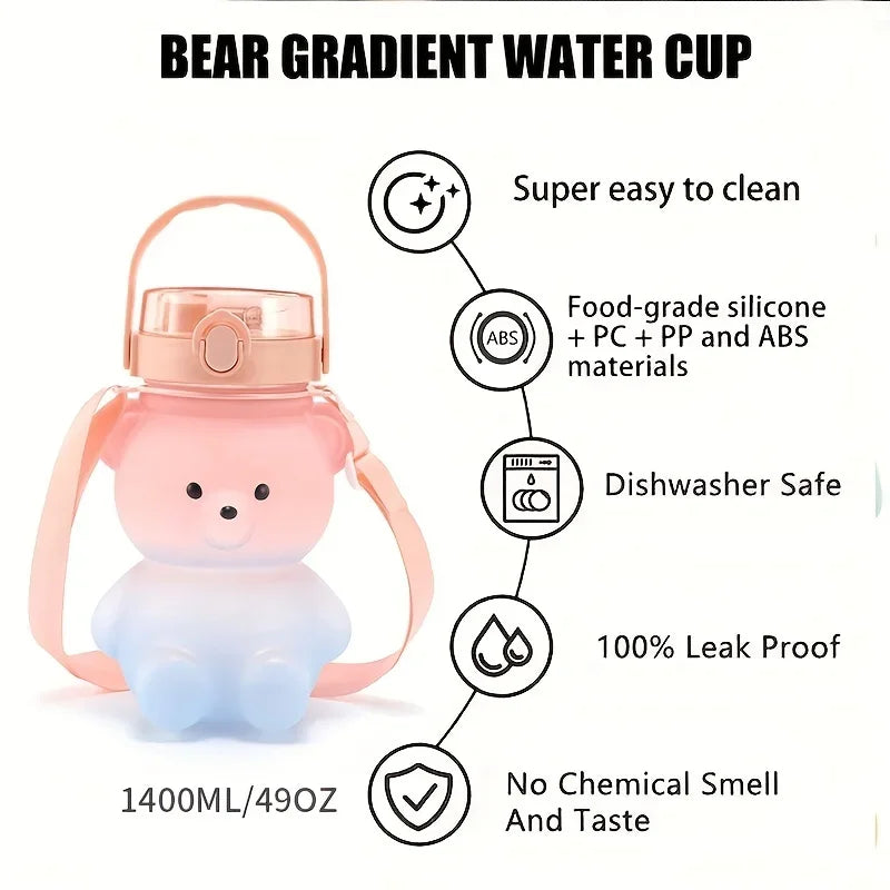 1pc Bear Gradient Cute Water Cup, Summer High-value Girl Plastic Cup, Portable Straw Cup, Large-capacity Water Bottle