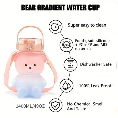 1pc Bear Gradient Cute Water Cup, Summer High-value Girl Plastic Cup, Portable Straw Cup, Large-capacity Water Bottle
