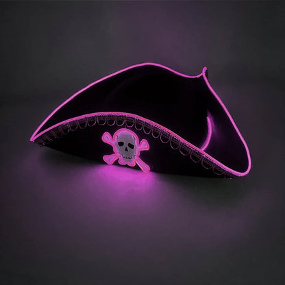 Halloween LED Black Pirate Hat For Adult Pirate Theme Party Glowing Captain Cap Cosplay Costume Luminous Hat With Skull Pattern
