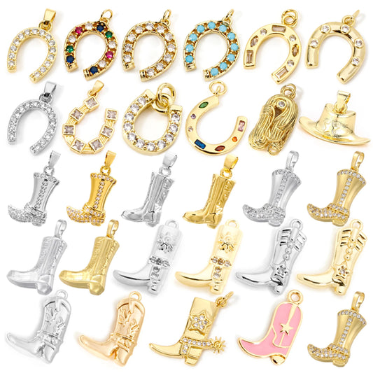 1/2 Piece Brass West Cowboy Charms Pendants 18K Gold Color Boots Horseshoe For DIY Making Supply Necklace Jewelry Findings