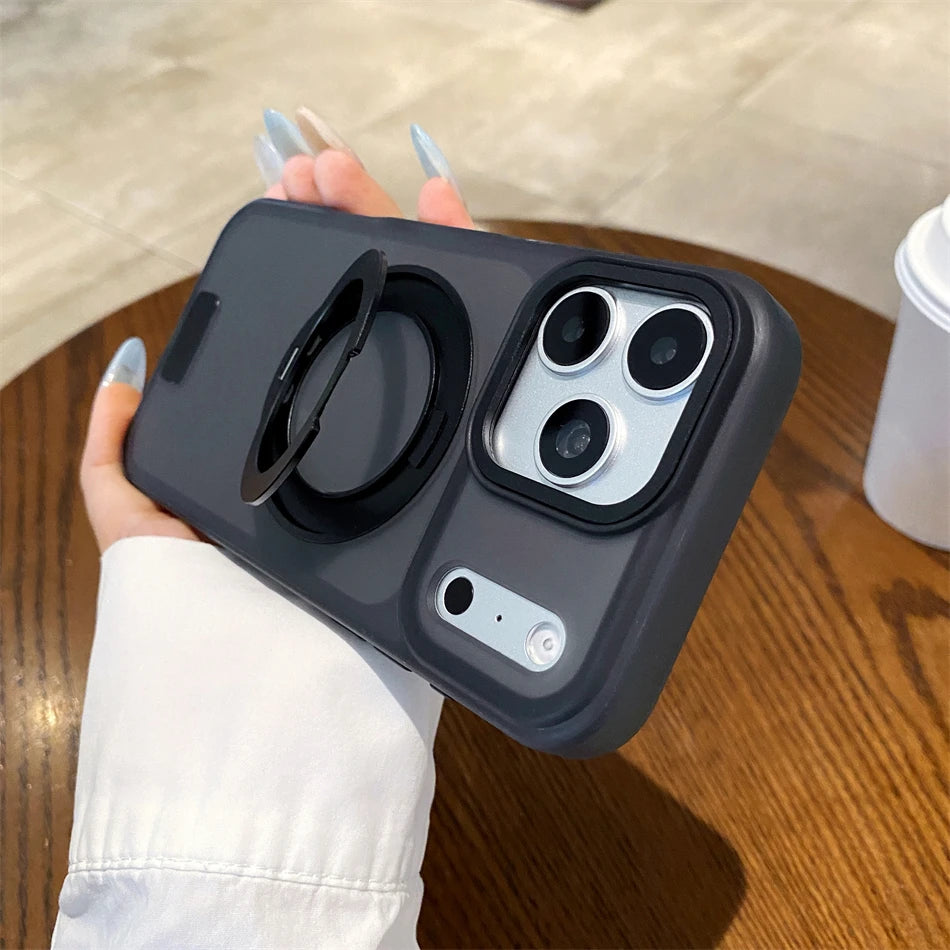 Luxury 360 Rotating Magnetic Stain-resistant Case For iPhone 17 18 Pro Max Shockproof TPU Hybrid PC For Magsafe Stand Cover