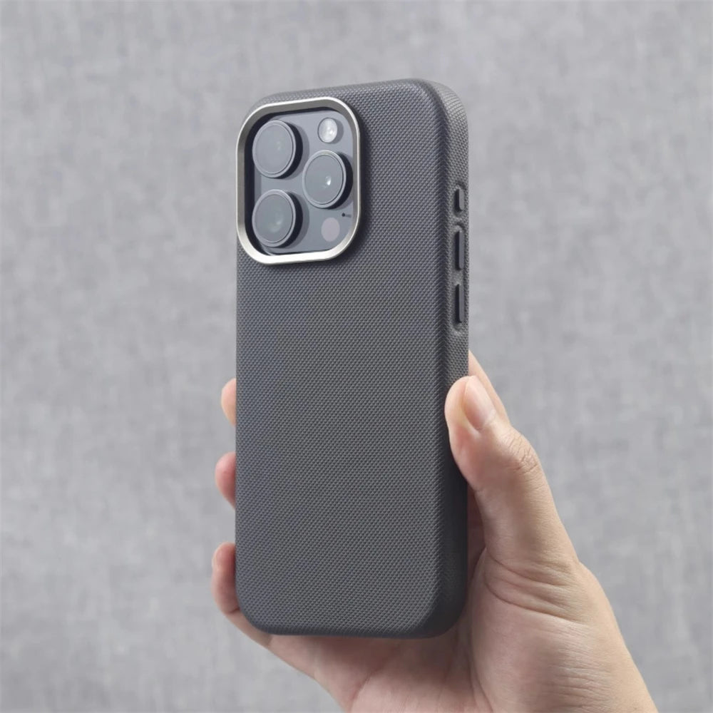 Luxury Alloy Lens Frame Particle PU Leather Magnetic Case For iPhone 18 17 16 Pro Max 15 14 13 For Magsafe Wireless Charge Cover