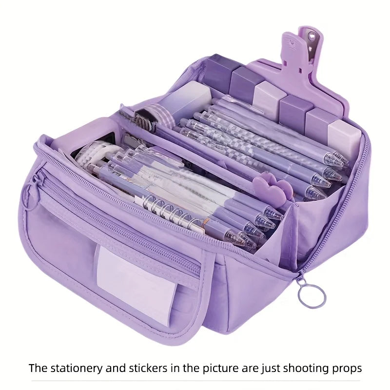 Large Capacity Pencil Case Organizer - Multi-Compartment Desktop Storage for School & Office Supplies ( Pink/Purple/Black)