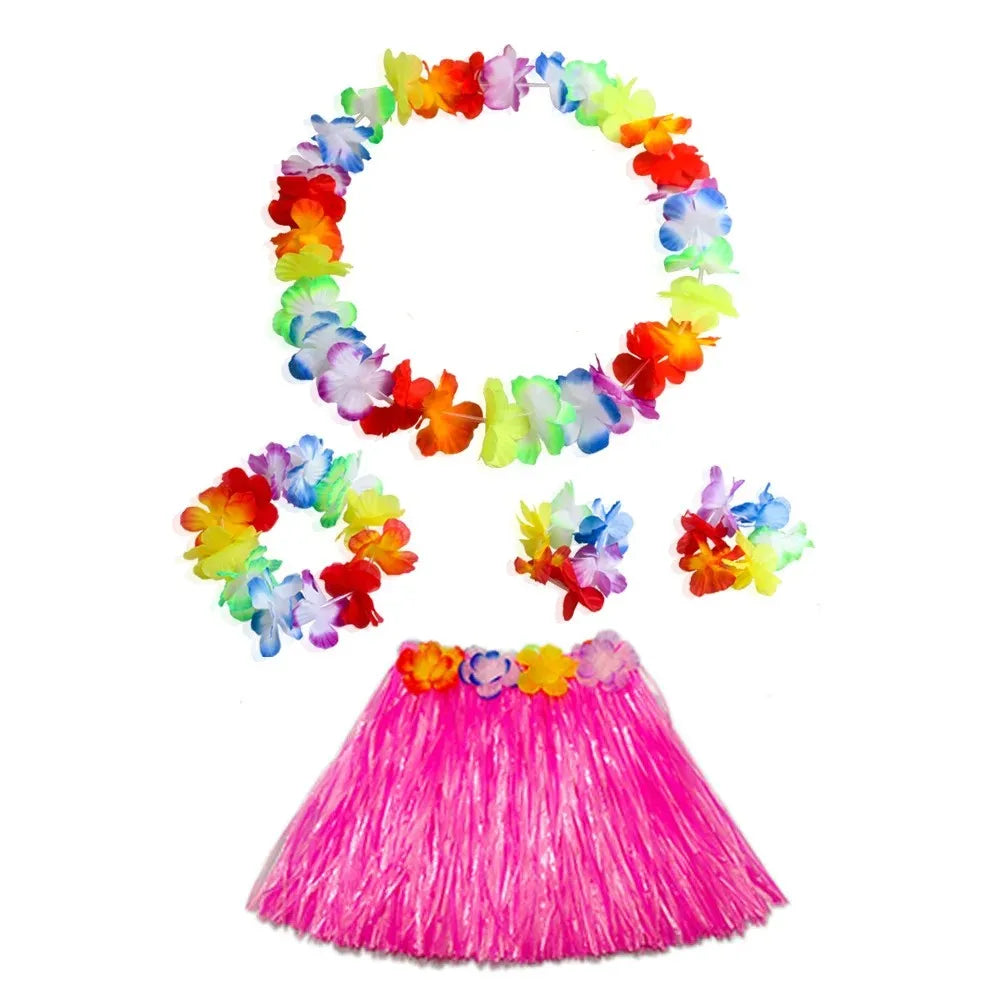 Hawaiian Dance Child Skirt with Leis Costume, Elastic Luau Grass, Hawaiian Flower Bracelets, Headband, Necklace, 40cm, 5pcs 6Pcs