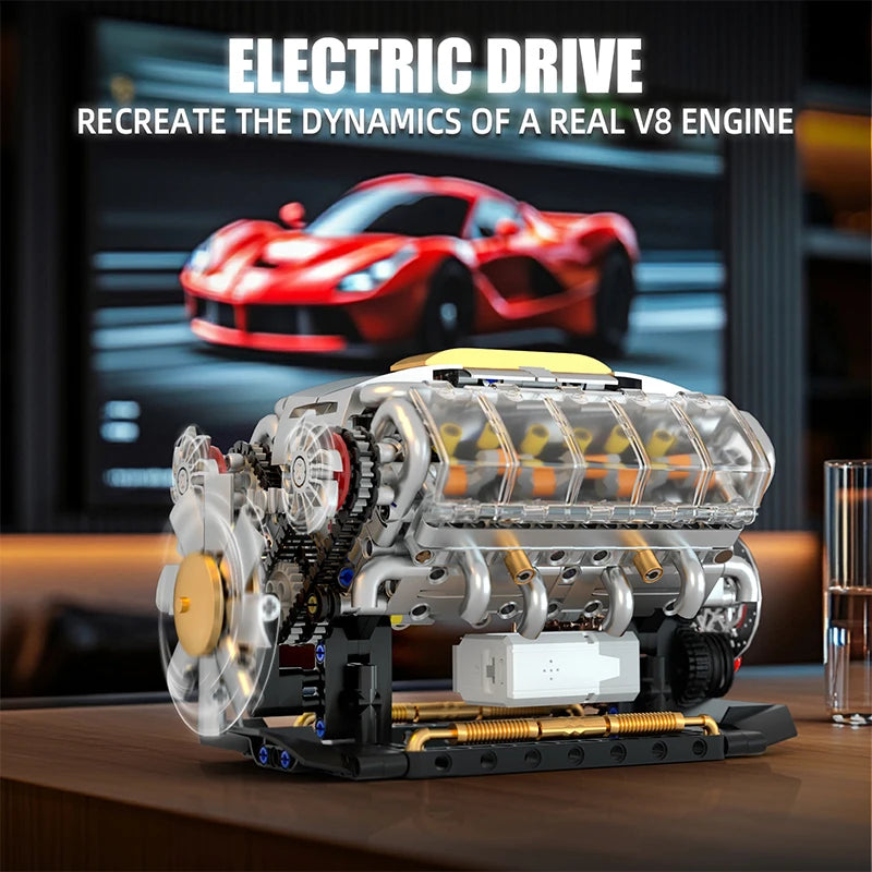 MOC Technik Electrically Driven V8 Engine Model Car Building Blocks Set Creative Educational Toys Christmas Adultd Gifts