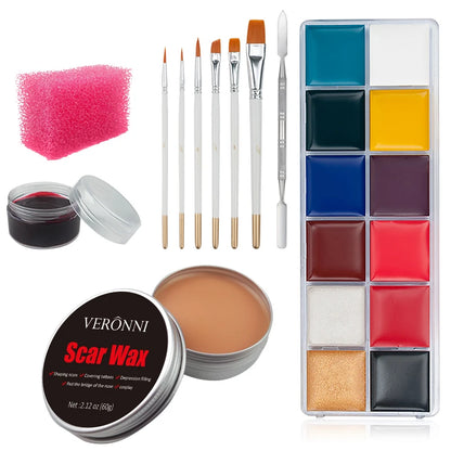 12/20 Colors Face Body Painting Fake Blood ,Halloween Professional Special Effects Makeup Kit with Wound Modeling Scar Wax